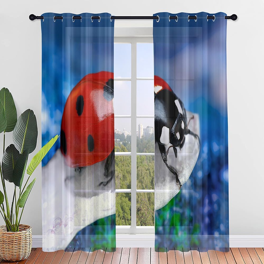 Cartoon Ladybug Curtain Funny Animal Translucent Voile Curtains Bedroom Living Room Balcony Decor Tulle With Sheer Polyester Perfect For