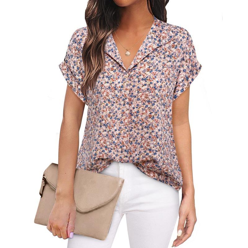 JKASHDK Women's Fashion Casual Summer Spring Flower Pattern Print Short Sleeve POLO Neck Blouses & Shirts