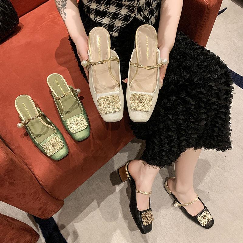 Fashion Retro Summer Fashion Elegent Sandals Women Mixed Colors Square Toe Mary Jane Flats All-match Comfortable Commuting High Heels