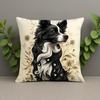 1pc Border Collie Floral Art Pillow Cover - Contemporary Style Soft Polyester Decorative Cushion Case with Zipper Closure, 44.96x44.96 Cm, Machine Was