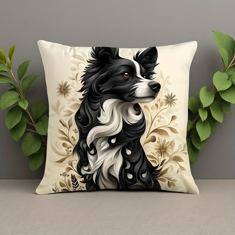 1pc Border Collie Floral Art Pillow Cover - Contemporary Style Soft Polyester Decorative Cushion Case with Zipper Closure, 44.96x44.96 Cm, Machine Was