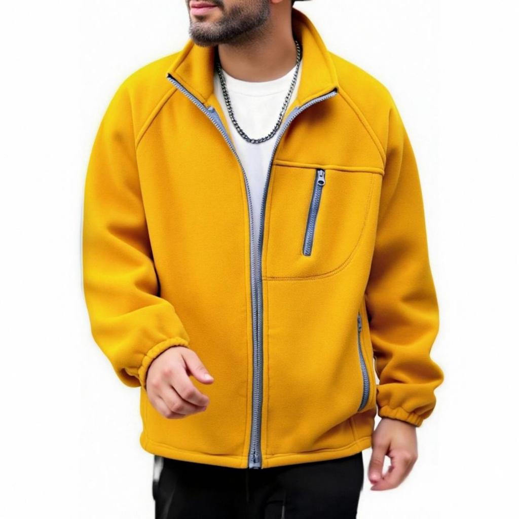 Męski kardigan z polaru w jednolitym kolorze, z casualowym stójką, męska bluza z kapturem z długim rękawem z ciepłego polaru