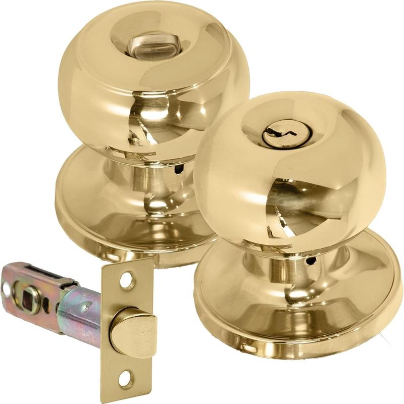 Entrance Knob Set Polished Brass, Door Knob with Lock for Internal Wooden Doors, Complete Set with Tubular Latch and 3 Keys