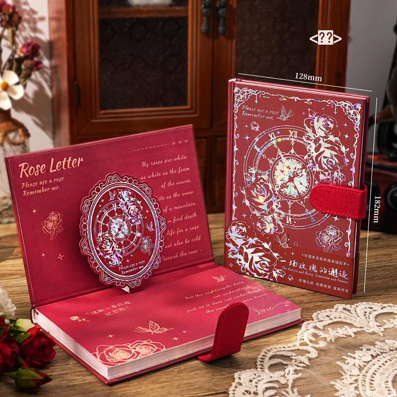 Rose Butterfly Laser Stamped Notebook with Magnetic Buckle - Retro Style Student Diary