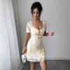 Women Mesh Embroidered Square Neck High Waist Slim Short Vacation Casual Dress