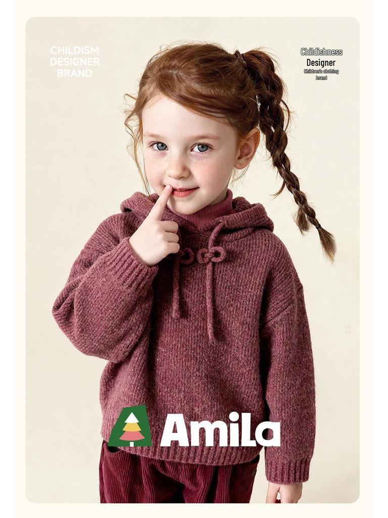 Pulover cu glugă de iarnă pentru fete 2025, culoare solidă - Cardigan tricotat din amestec de bumbac și lână