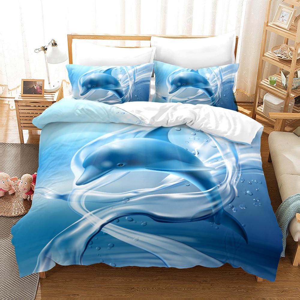 Dolphin Turtle Bedding Set Print Quilt Cover 3 Pieces Duvet Cover Sea Animals Scenery Comforter Set Kids Boys Duvet Cover Set