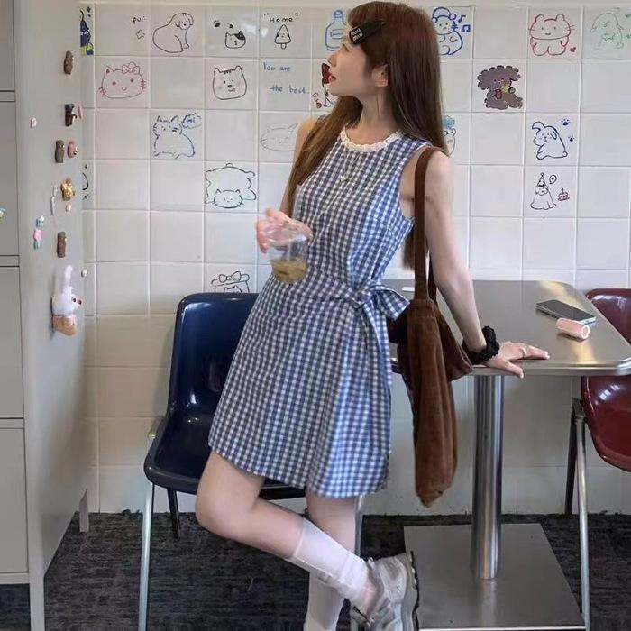 French blue and white plaid lace-up vest dress women s summer new temperament casual versatile sleeveless short skirt S