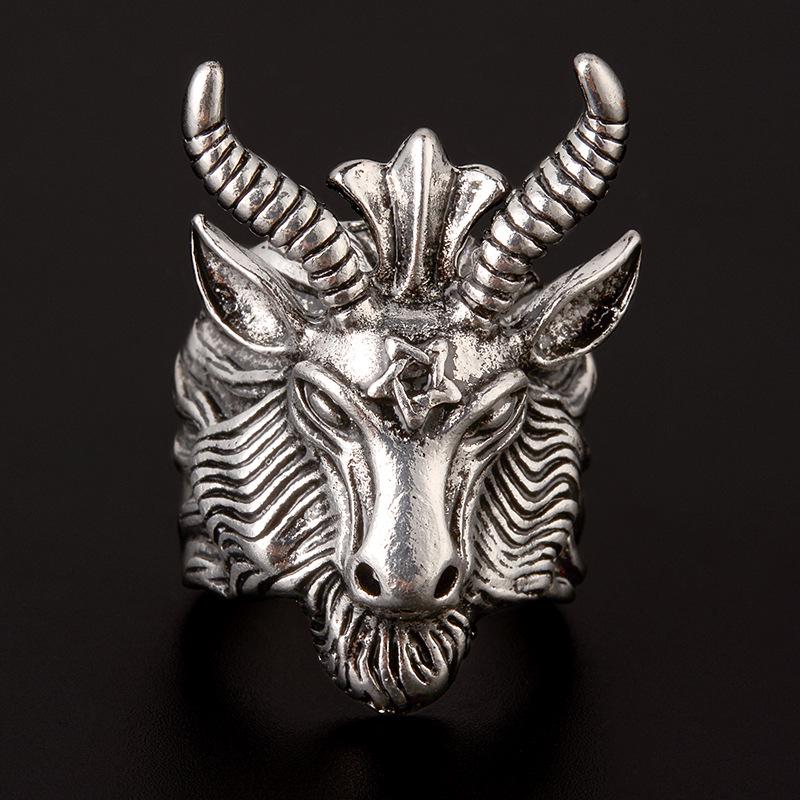 Retro Sigil of Baphomet Large Ring For Men Punk Gothic Rock Hiphop Open Ring Handmade Designer Zircon Biker Accessories Gift