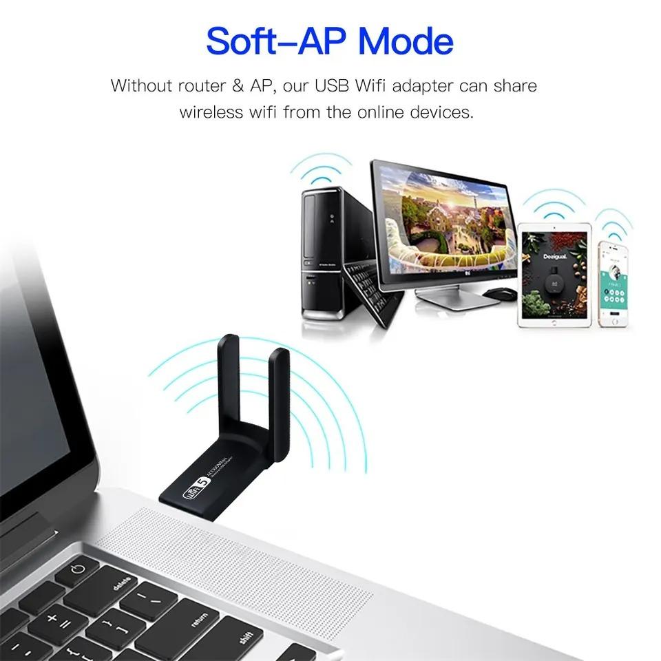 1300Mbps USB WiFi Adapter 2.4G/5GHz Dual Band Network Adapter 802.11AC WiFi 2 Antenna Dongle For PC/Laptop Driver Free Win10/11