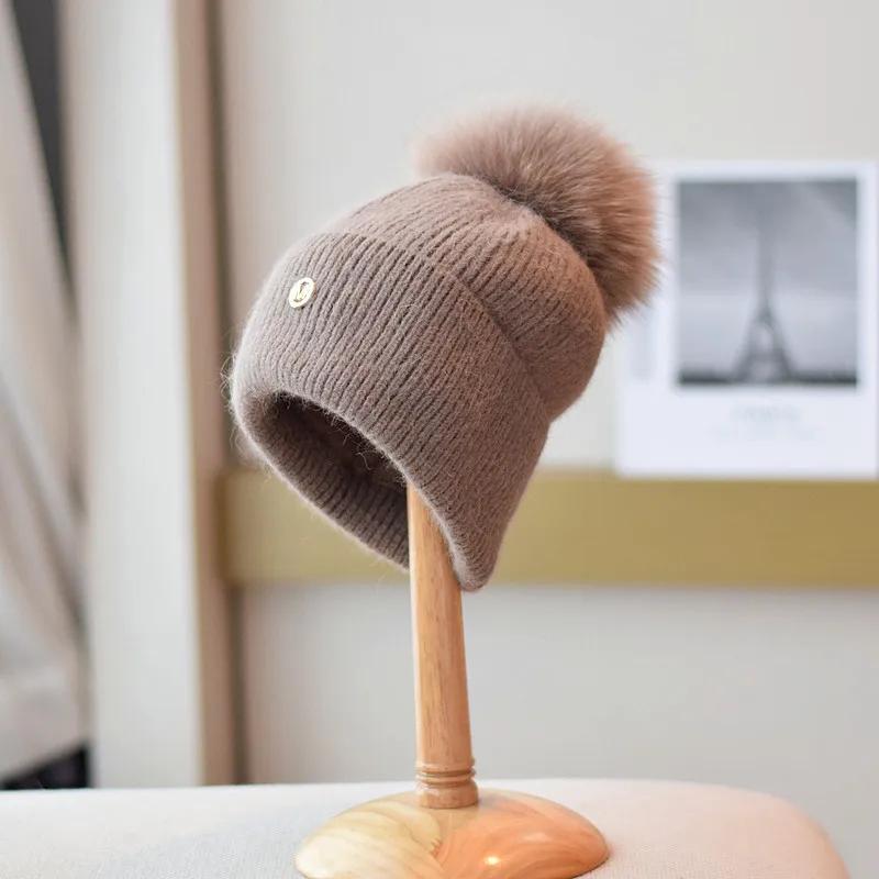 Winter Fox Fur Pompom Hats Angola Beanie For Women Studded Beaded Knitted Hats Outdoor Thick Warm Hat Casual Fashion Cap