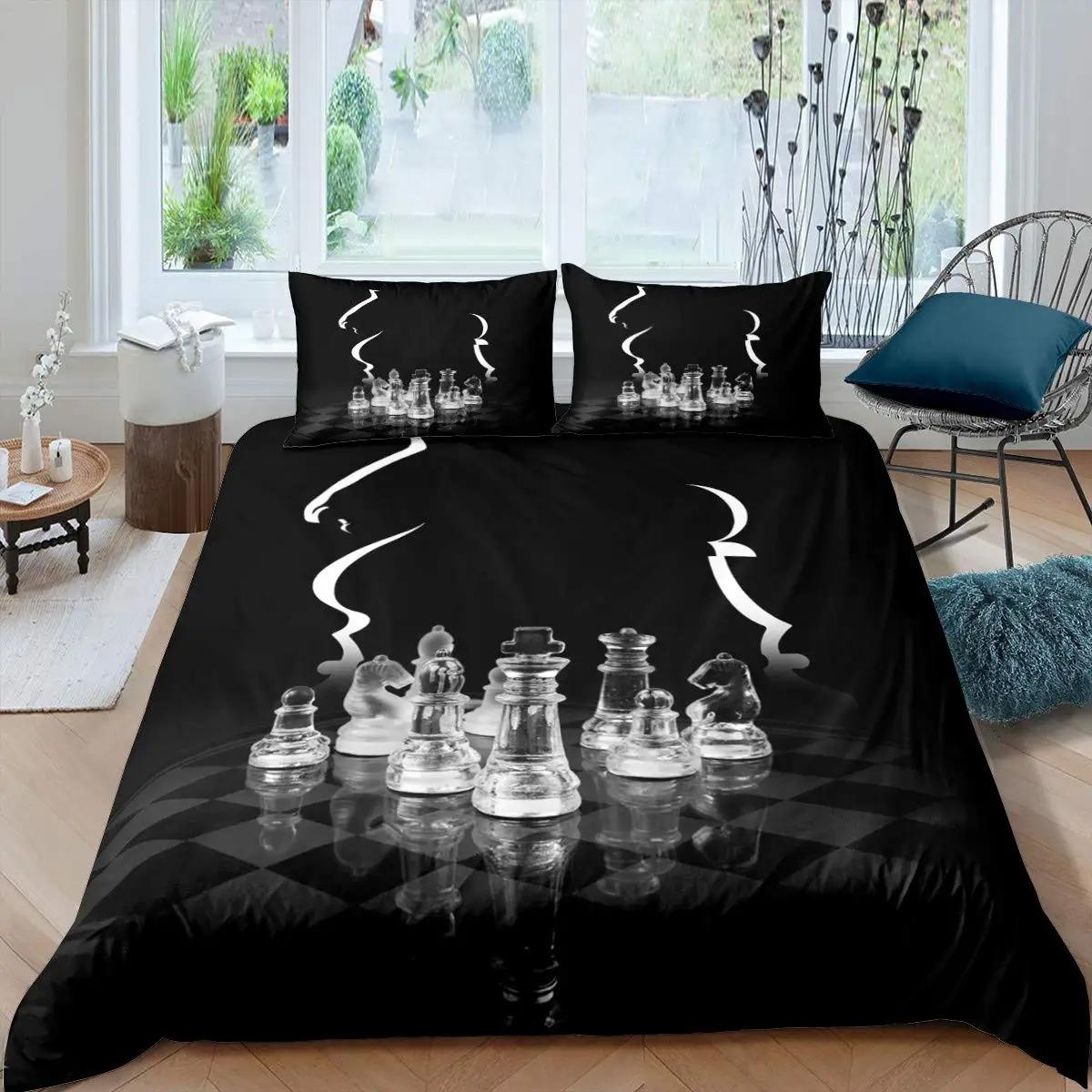 Internationaal Schaken Dekbedovertrek Set Queen Size Schakliefhebbers Beddengoed Set Voor Kinderen Volwassenen Microfiber Zwarte Basis 23 stuks Dekbedovertrek AU Double 180x210cm