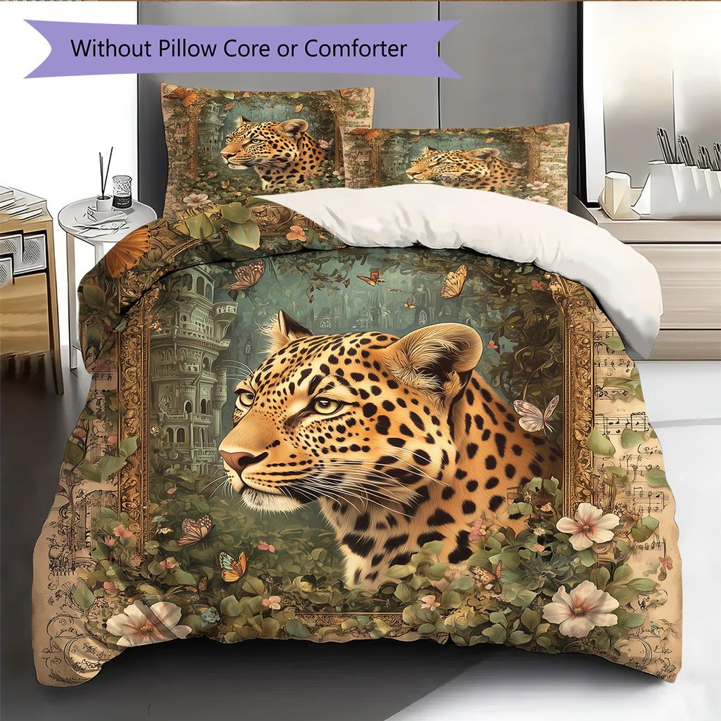 Forest Leopard Pattern Bedding Quilt Set Quilt Cover Pillowcase Home Decoration Gift (1 * Duvet Cover + 2 * Pillowcase, Without Core)