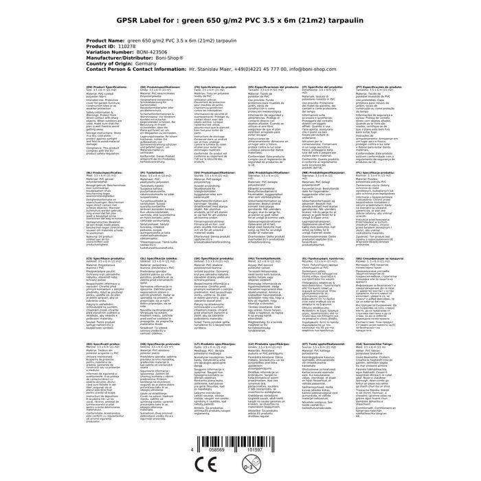 Bâche PVC 650g/m2, 3,5 x 6m (21m²), bâche de protection, verte et étanche