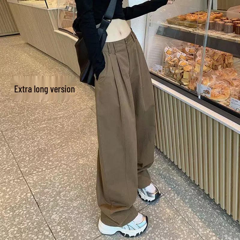Khaki Retro High-Waist Wide-Leg Women's Work Pants, Extra Long Version for Tall, Spring/Autumn 2025.