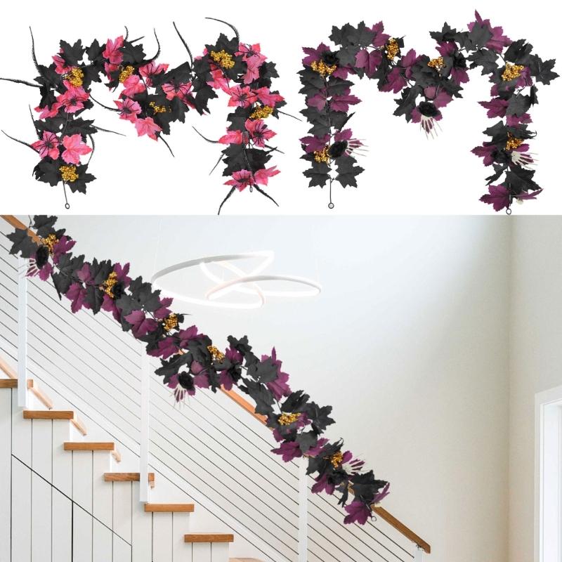 Flexible Artificial Maples Leaf Stem Halloween Decoration Black Silk Leaves for Fireplaces and Window Displays