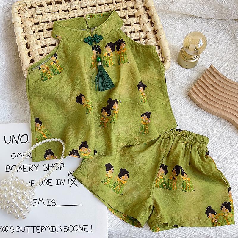Girls' Chinese-Style Camisole and Shorts Set - Summer Collection