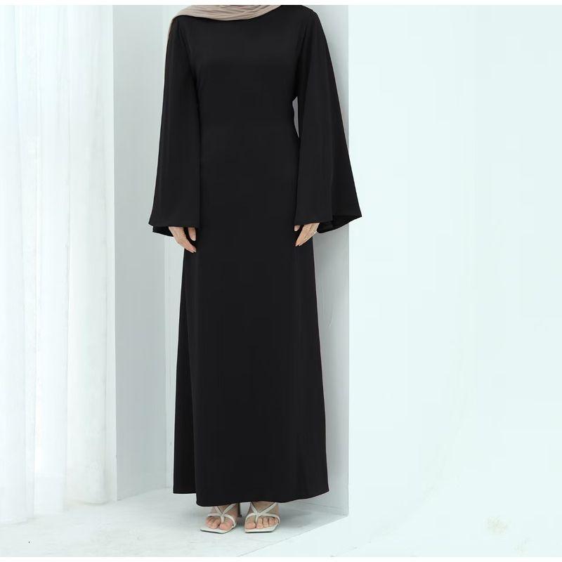 

New Arrival Middle East Turkey Pure Color round Neck Tied Silm Dress round Neck Lace up Dress Black XL(58)