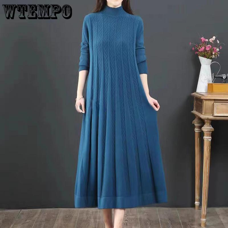 Knitted Dress for Autumn and Winter Half Turtleneck Loose A-line Sweater Dress Solid Color Long-sleeved Sweater