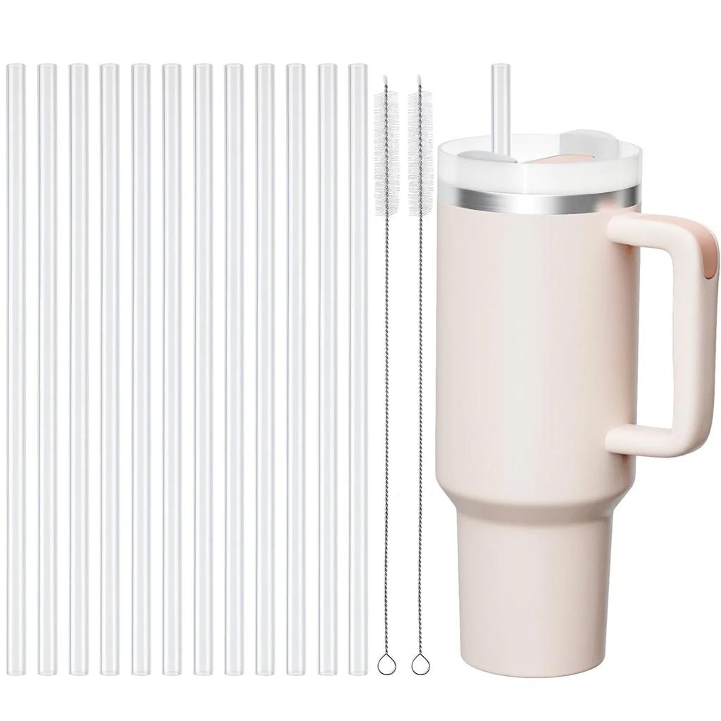 Replacement Straws for 40 oz Cup Tumbler, 12 Pack Clear Reusable Plastic Straws, 2 Straw Brushes,for Cup