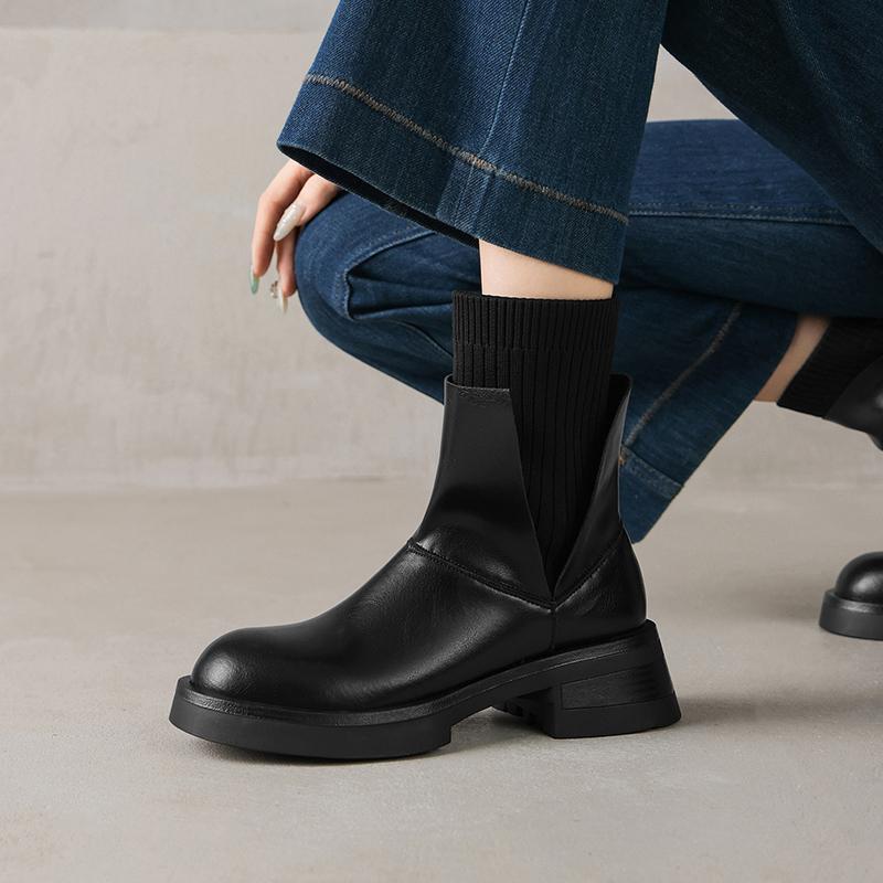 Fashion 2025 NEW Autumn/Winter Women Boots Round Toe Med Heel Chelsea Boots Split Leather Shoes for Women Retro Ankle Boots Modern