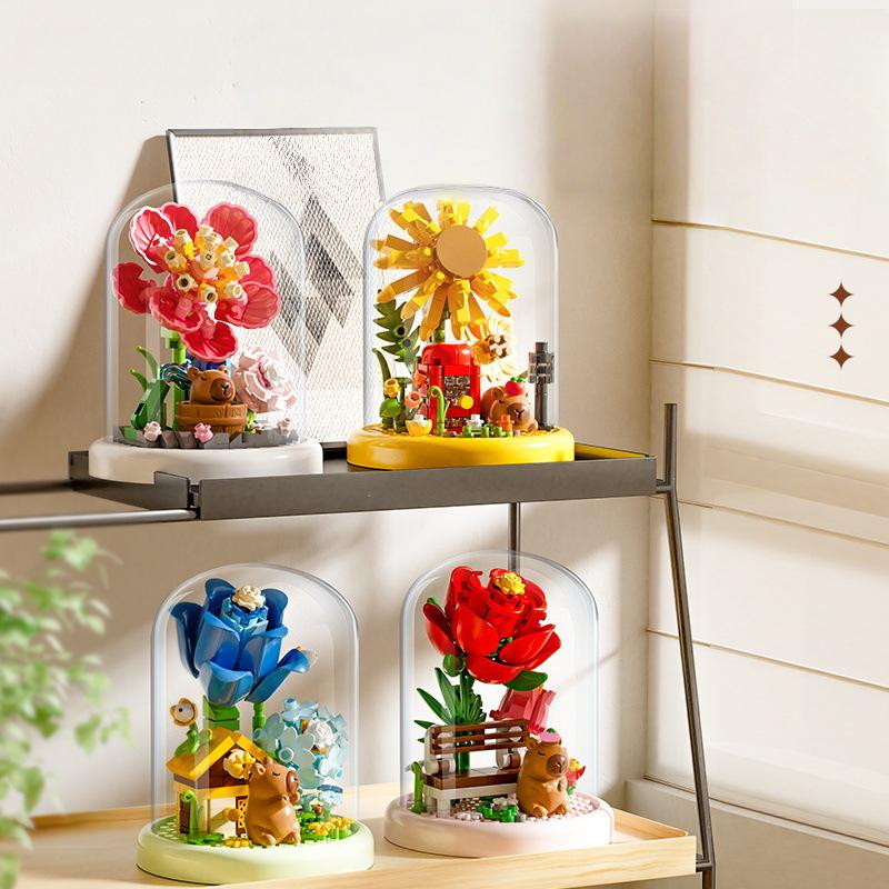 New product creative capybara garden assembled building blocks toys rose lily immortal flower ornaments toys with dust cover