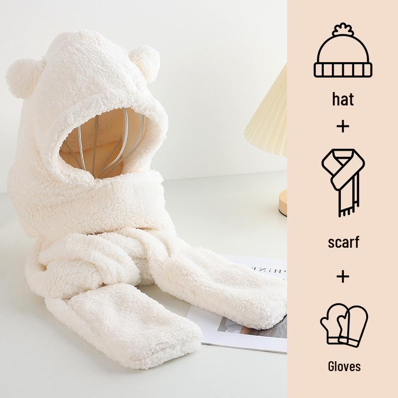 Korean-Style Cute Bear Plush Hat & Scarf Set for Women - Cozy Autumn/Winter Wear