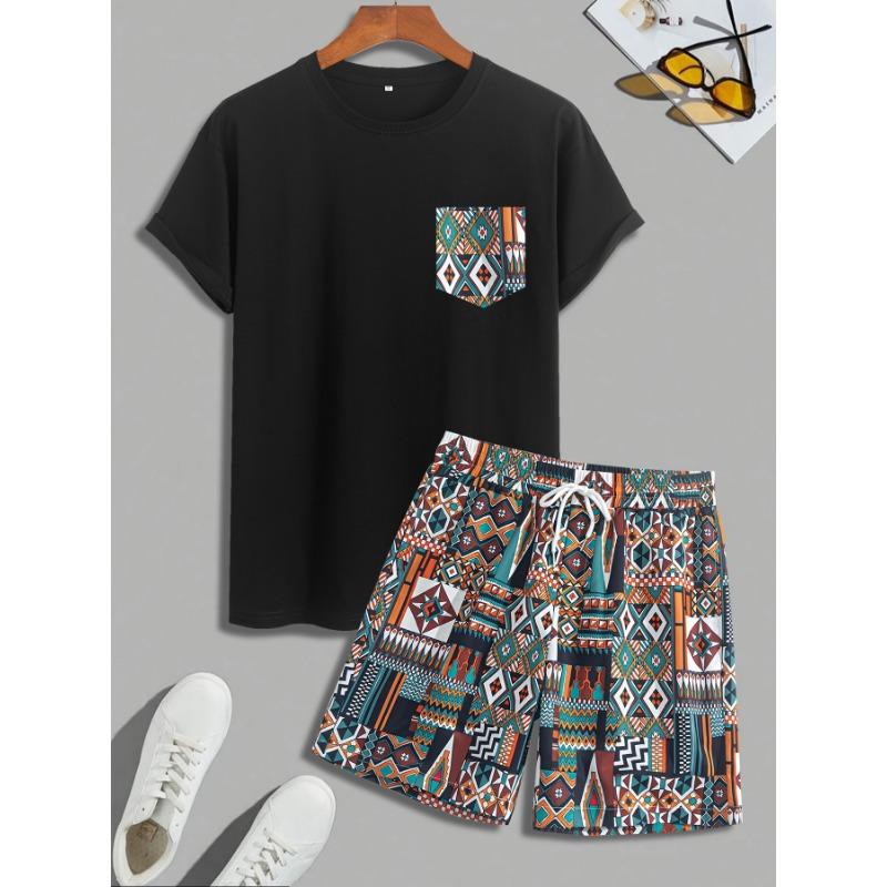 Men s fashionable knitted short-sleeved T-shirt + shorts set, casual sportswear, men s casual wear S