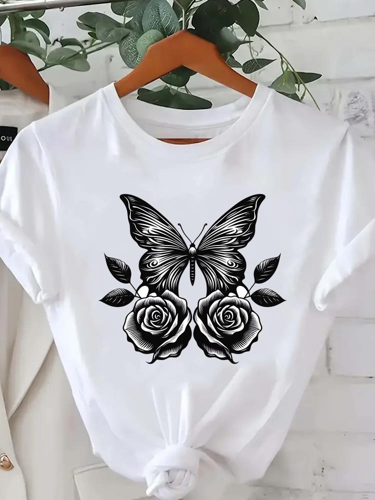 (Asian Size) trend flower love heart o-neck Lady Fashion Women Graphic Tee Short Sleeve T-shirts Casual Clothing Printed Female Top T Shirt