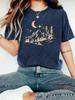 Europeisk og amerikansk sommer dame T-skjorte med måne- og skogtrykk, rund hals, korte ermer, avslappet