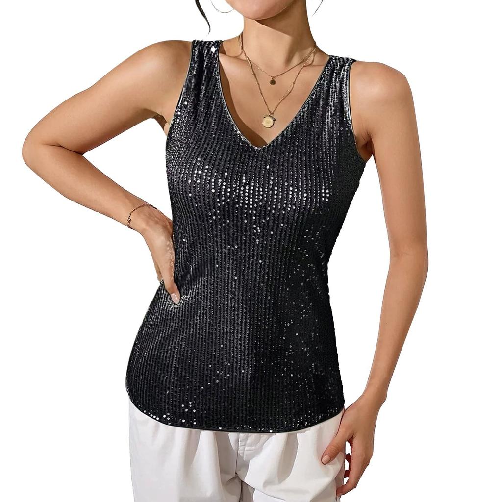 Damen Sexy Pailletten Tanktops Frühling Sommer Mode Glitzernde Ärmellose Shirts Party Glitzer Rundhals Tops Ausgehen