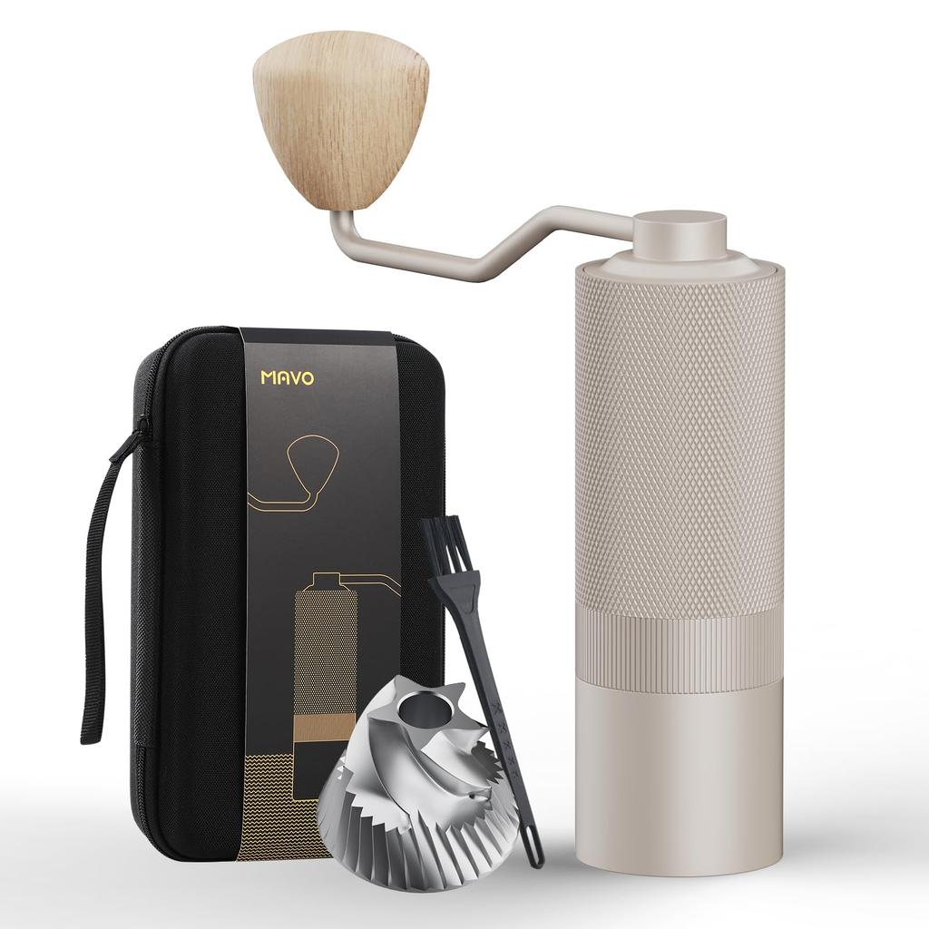 MAVO Wizard Hand Coffee Grinder, Adjustable Coarseness, Pentagonal Conical Metal Blades, CNC Stainless Steel Burrs, 20g Capacity, Silver