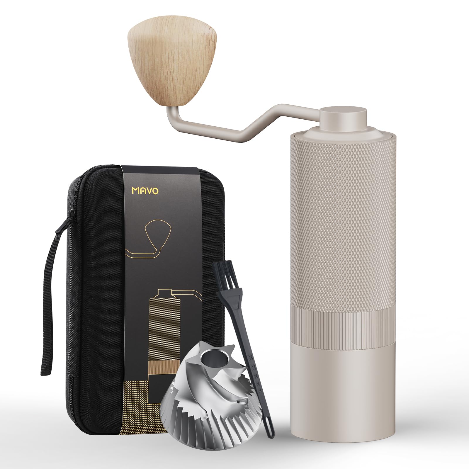 

MAVO Wizard Hand Coffee Grinder, Adjustable Coarseness, Pentagonal Conical Metal Blades, CNC Stainless Steel Burrs, 20g Capacity, Silver