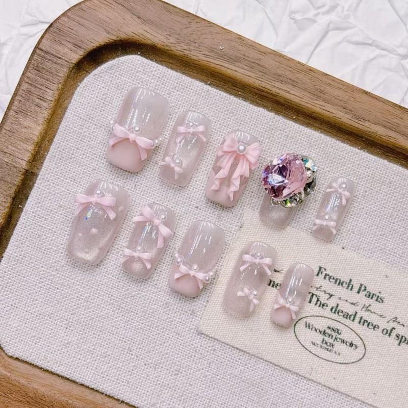 Hand-Painted Pink Cat Eye French Nail Tips Almond Short Press-On Nails Women Medium
