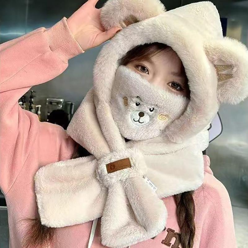 Cute Cartoon Bear Plush Hat Winter Warmth Hat Scarf Glove Face Mask One-Piece Hooded Outdoor Windproof Ear Protection Cap