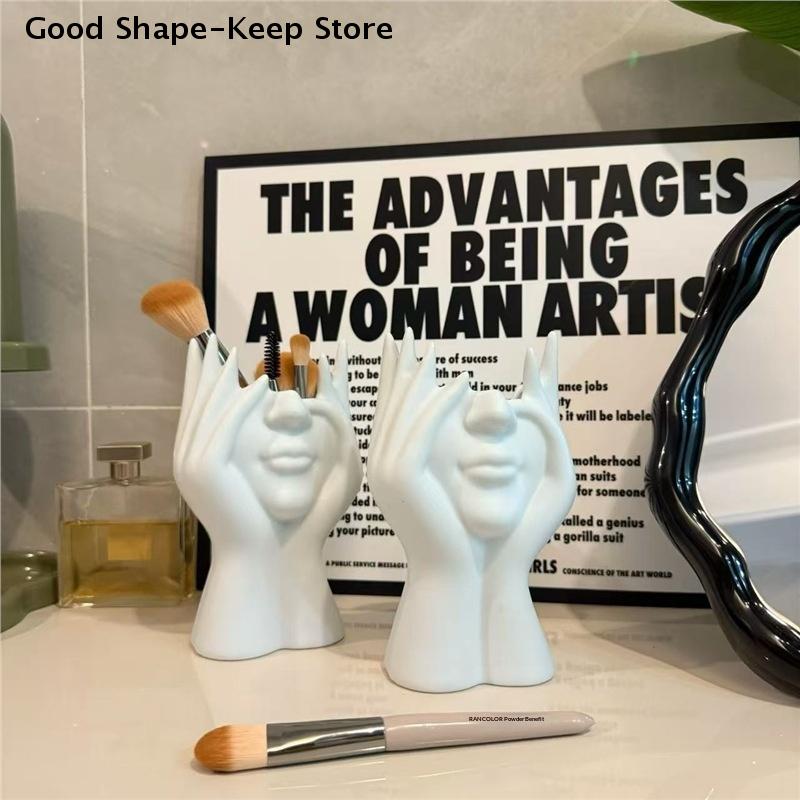 Female Contour Design Pen Holder Elegant Face Vase Decoration Handcrafted Artistic Female Form Head Vase Makeup Brush Holder