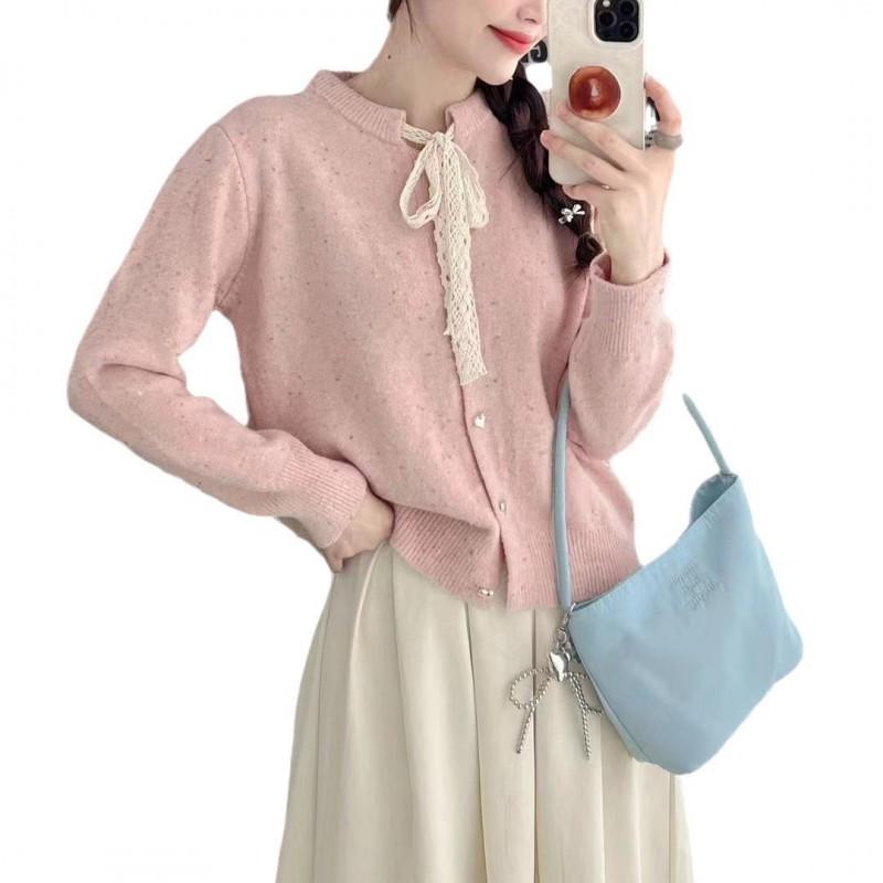 Soft Korean Style Lace Tie Bow Knit Cardigan Women - Sweet Heart Button Round Neck Sweater Jacket Winter