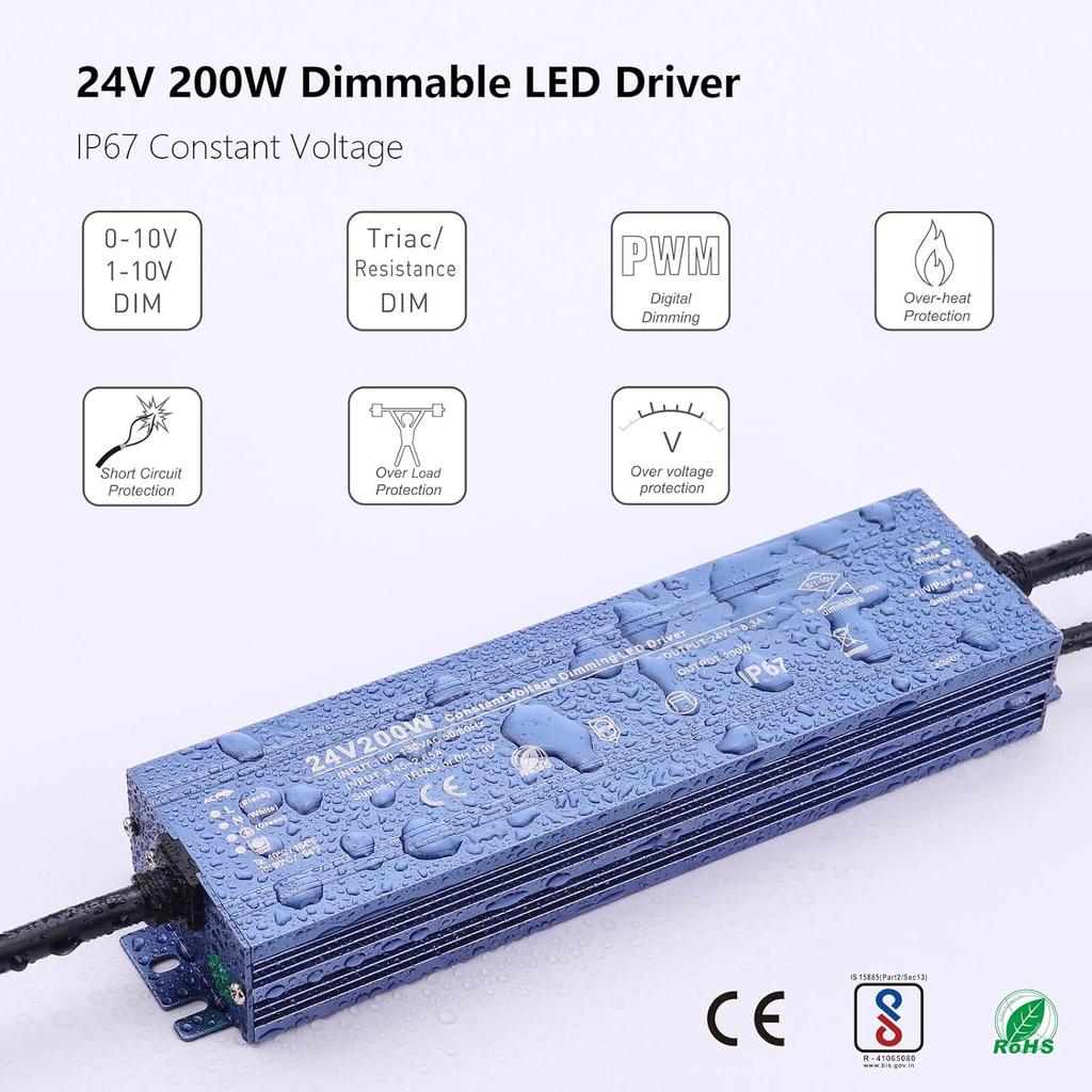 Constant Voltage 24V 200W 8,5A Dimmable LED Driver, Waterproof IP67 Transformer, AC 110V Triac Power Supply, LED Adapter for LED Light, Computer
