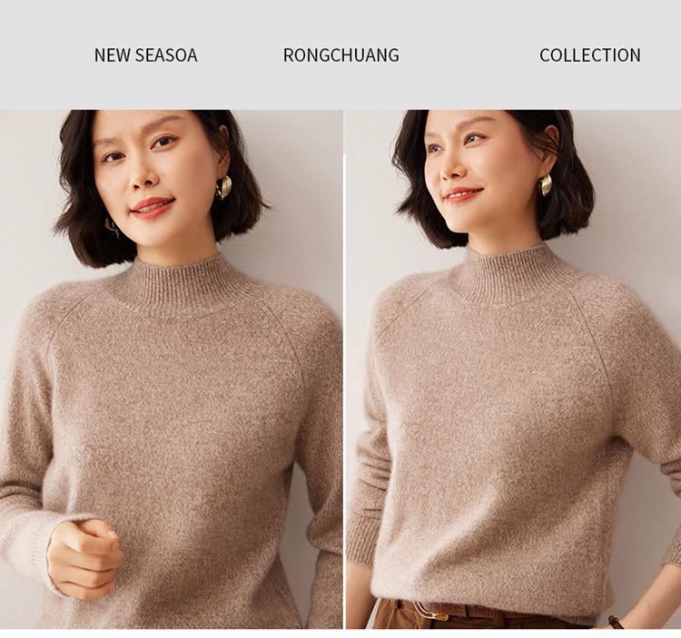 Women's Cashmere Half-High Neck Raglan Sweater - Autumn/Winter Style, 7-Gauge Fancy Yarn, Loose Knit Pullover.
