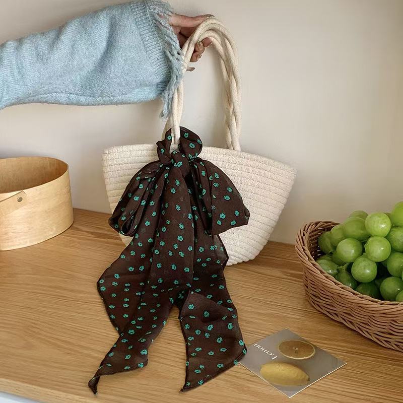 Lazy Wind Premium Retro Brown Polka Dot Long Light Luxury Tie Bag Long Hair Belt Chiffon Silk Scarf Vacation Scarf