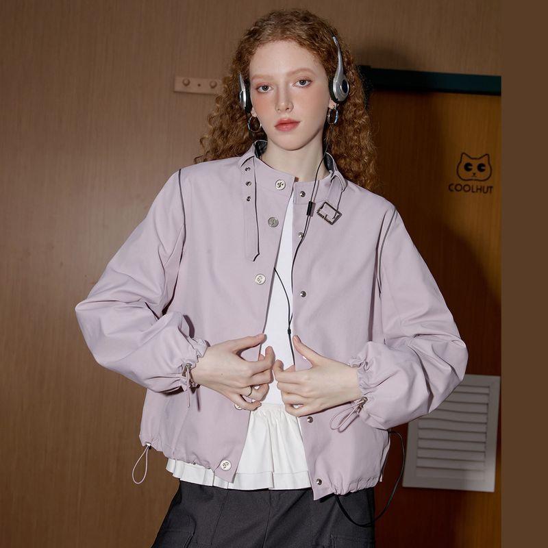 Coolhut Pink Stand-Up Collar Design Jacket for Women with Drawstring Design, New Spring and Autumn Casual Short Top