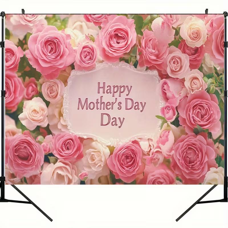 2D Happy Mother's Day Backdrop with Pink Roses Photography Background