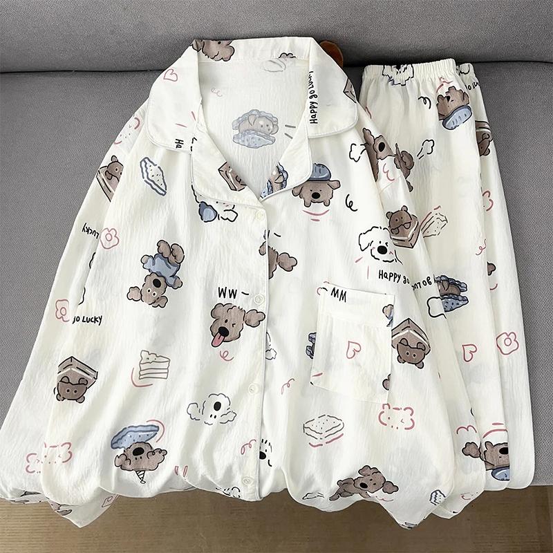 Cartoon Buchstaben Hundeaufdruck Übergröße Damen Pyjama Set Süß Niedlich Lässig Mode Nachtwäsche Pyjama