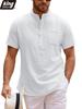 Summer Casual Linen Blend Short Sleeve Shirt for Men - Breathable Mandarin Collar Chest Pocket Lightweight Vacation Tops In Solid Colors