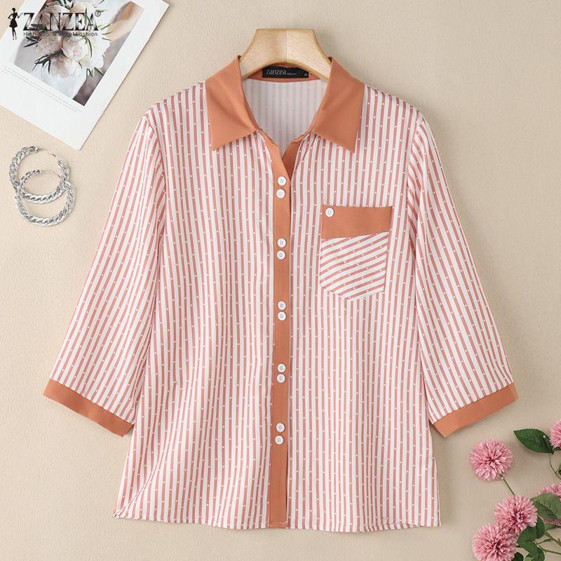 ZANZEA Women Casual Turn Down Collar Loose 3/4 Sleeve Stripe Blouse