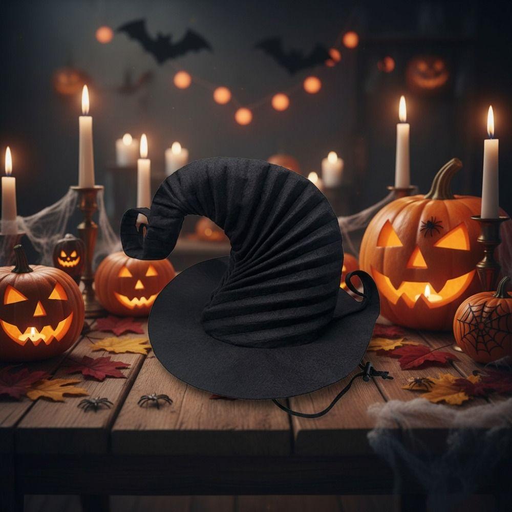 Swirling Design Halloween Wrinkled Witch Hat Ruffle Edge Pleated Wizard Hat With Rope Black Cosplay Party Witch Hats For Cosplay