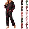 Damen Casual Print Langarm Pyjama-Set mit Brusttasche Oberteil und Shorts