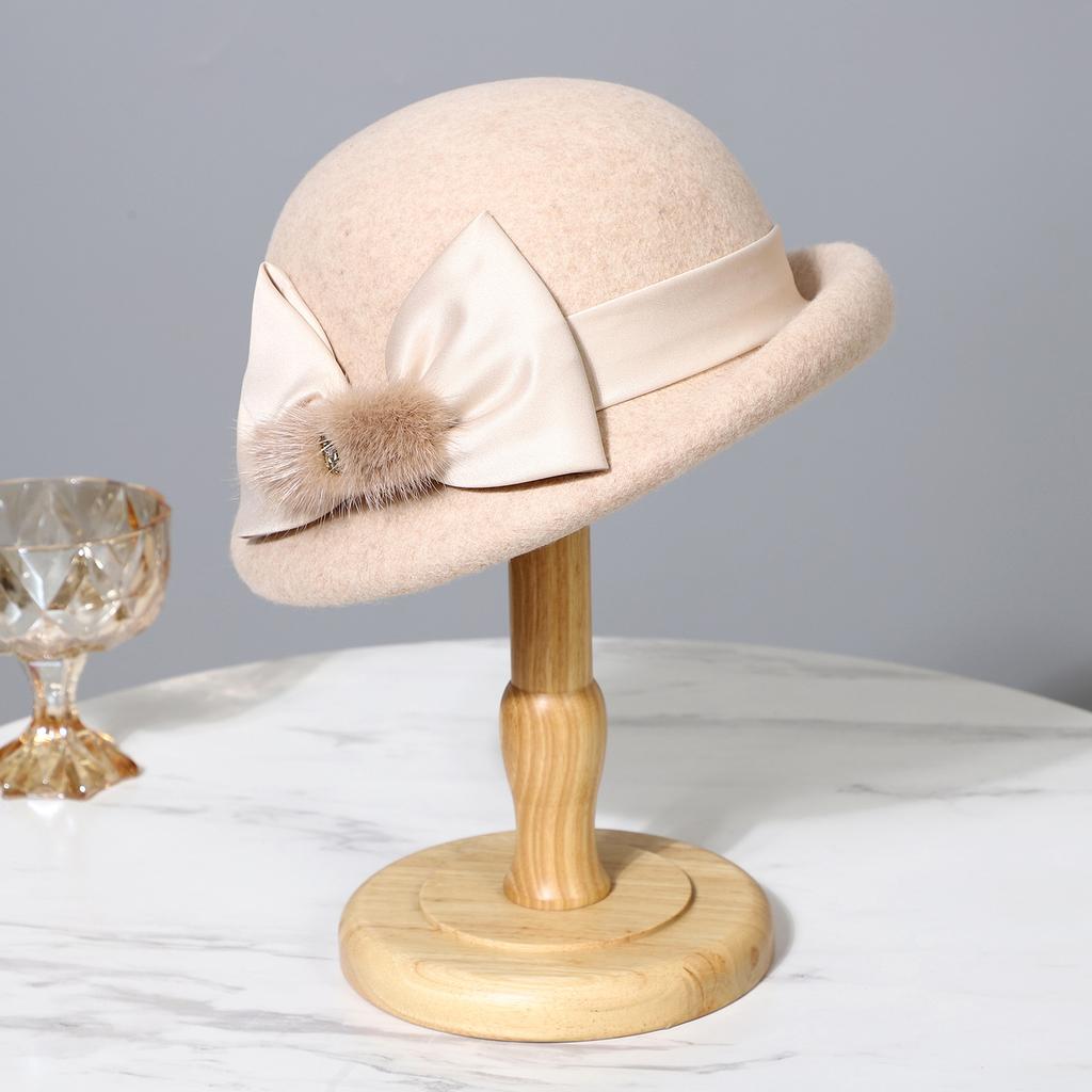 Berretto in lana con fiocco di visone elegante francese da donna autunno inverno cappello a secchiello arricciato di alta gamma cappello a cilindro di temperamento