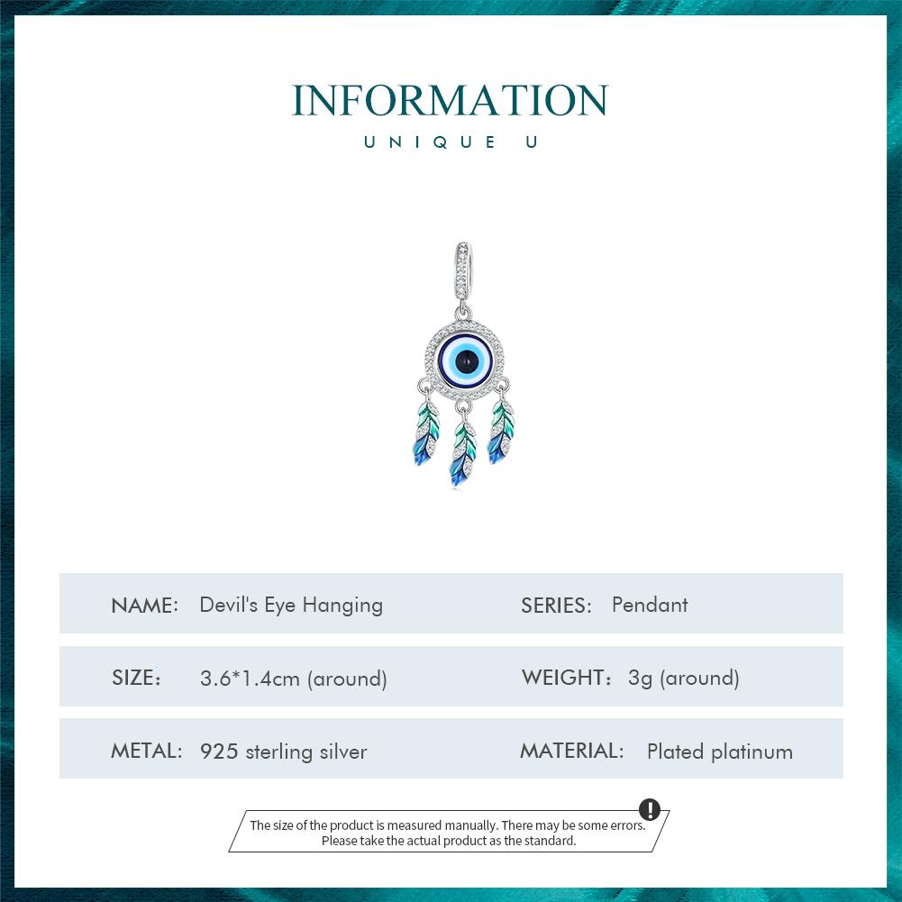 Bamoer 925 Sterling Silver Blue Devil's Eye Hanging Beads Dreamcatcher Pendant Charms for Women Bracelet DIY Fine Jewelry