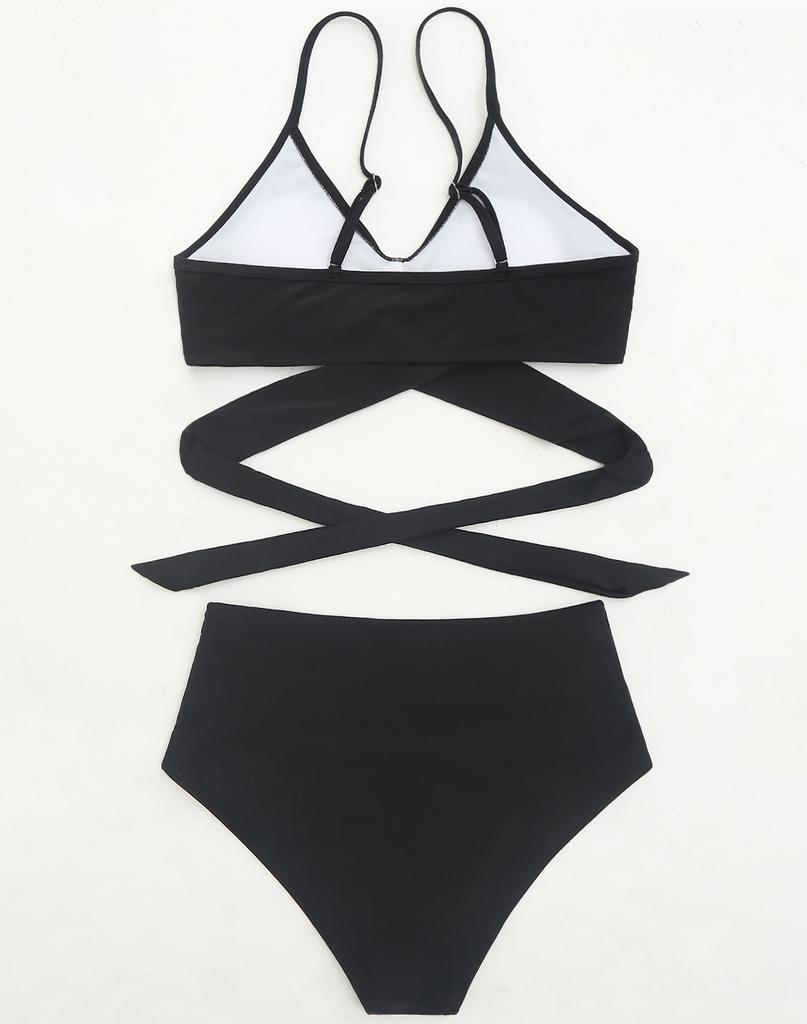 Sexy dámské plavky s černým zavazováním a vysokým pasem plavky na plážové oblečení